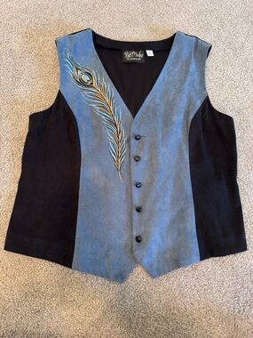 EUC Bob Mackie Wearable Art Blue Black Embroidered Peacock Feather Vest Size M
